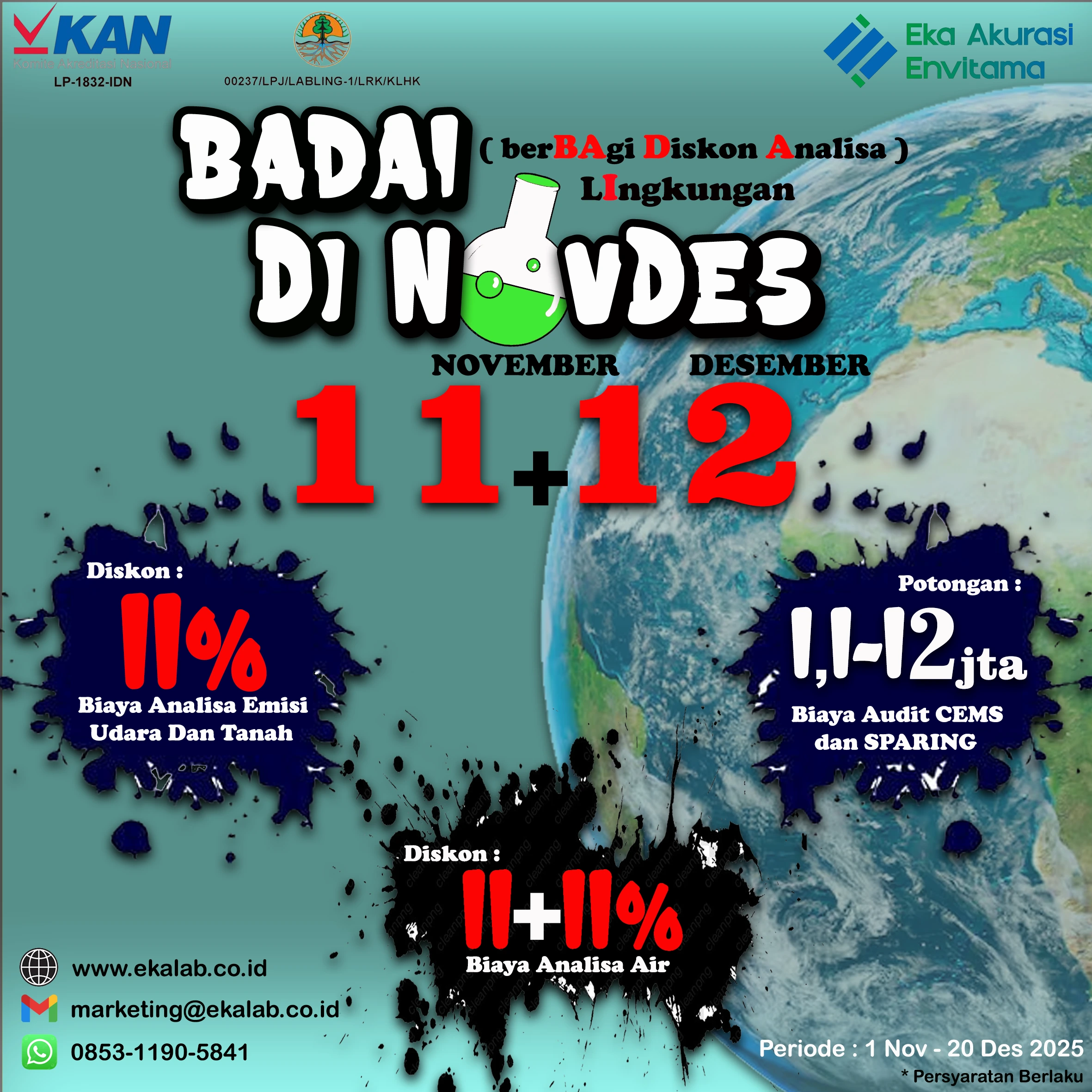 Promo Akhir Tahun 11+12: Diskon 11% Emisi/Udara/Tanah; 11+11% Analisa Air; Potongan 1,1–12 jt Audit CEMS & SPARING